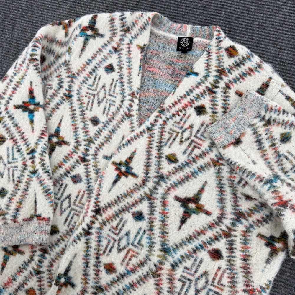 Bobeau Womens 3X White Southwestern Aztec Fuzzy Knit Open Front Cardigan